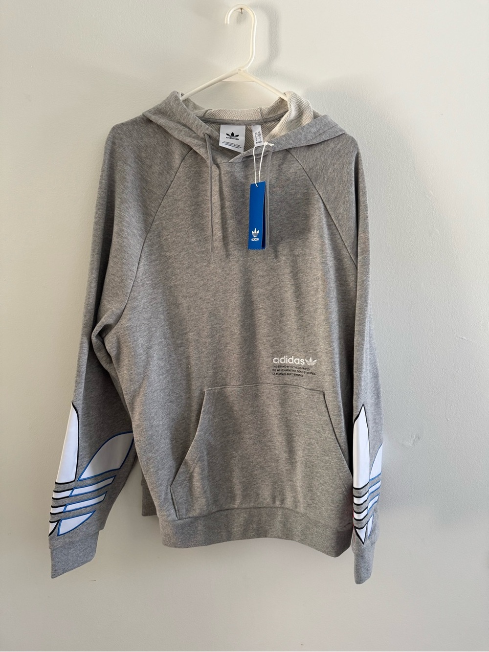 adidas Grey Hooded Sweatshirt with White Sleeve Trefoil. Sz: M
